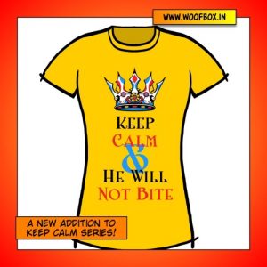 Keep Calm and He will not Bite exclusively on woofbox.in (Crazy Yellow)
